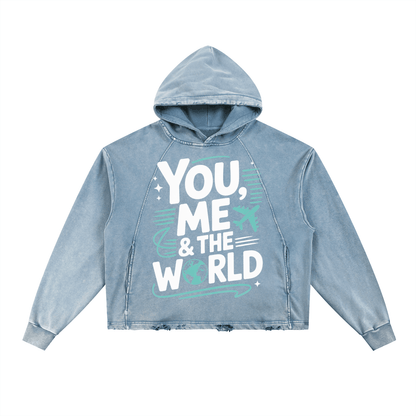 Couples Wanderlust Hoodie vintage washed blue hoodie with frayed hem and "You, Me & The World" graphic print