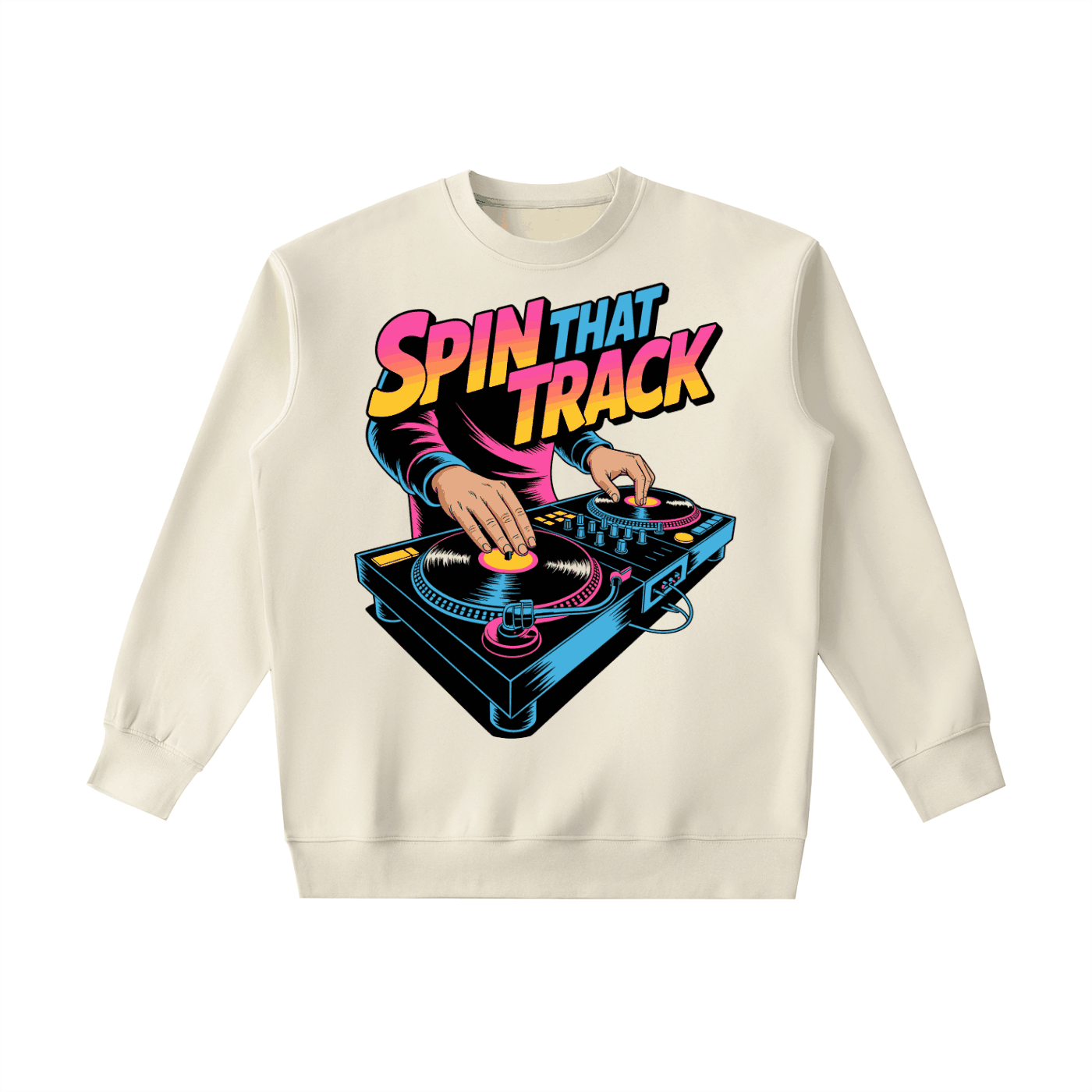Heavyweight Crewneck Sweatshirt with colorful "Spin That Track" DJ turntable graphic on cream cotton blend fabric.