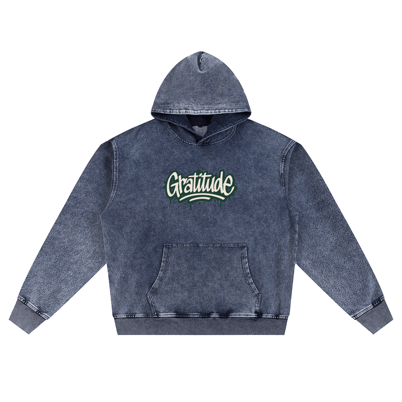 Gratitude Snow Wash oversized cotton hoodie with front pocket and hood in dark faded blue streetwear style