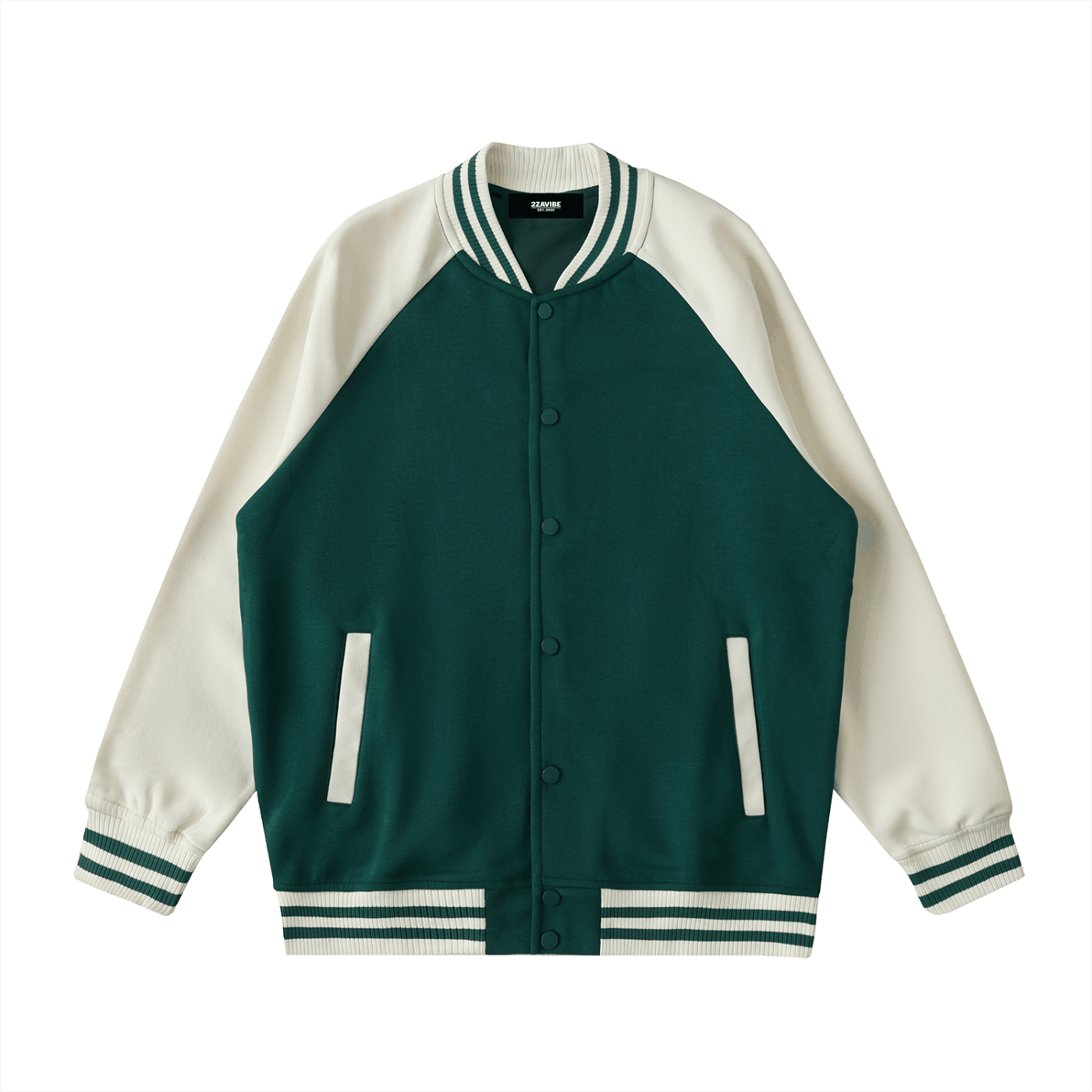 Two tone raglan sleeve varsity jacket in green and white with button-up front and striped cuffs.