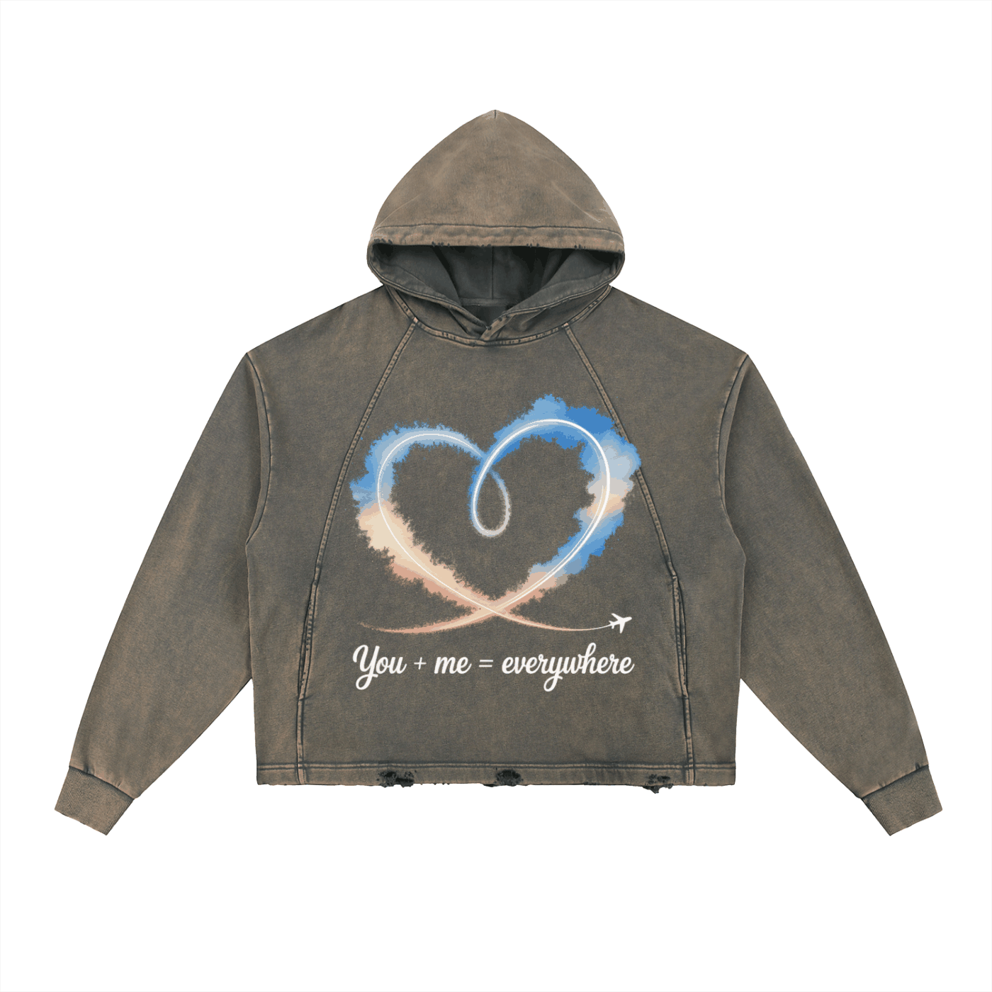 Couples vintage washed hoodie with frayed hem, heart and airplane graphic, oversized fit, cozy cotton-poly blend, casual streetwear style