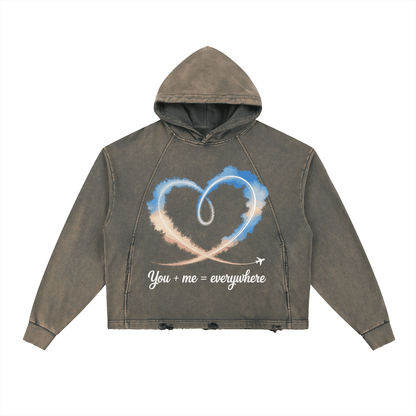 Couples vintage washed hoodie with frayed hem, heart and airplane graphic, oversized fit, cozy cotton-poly blend, casual streetwear style