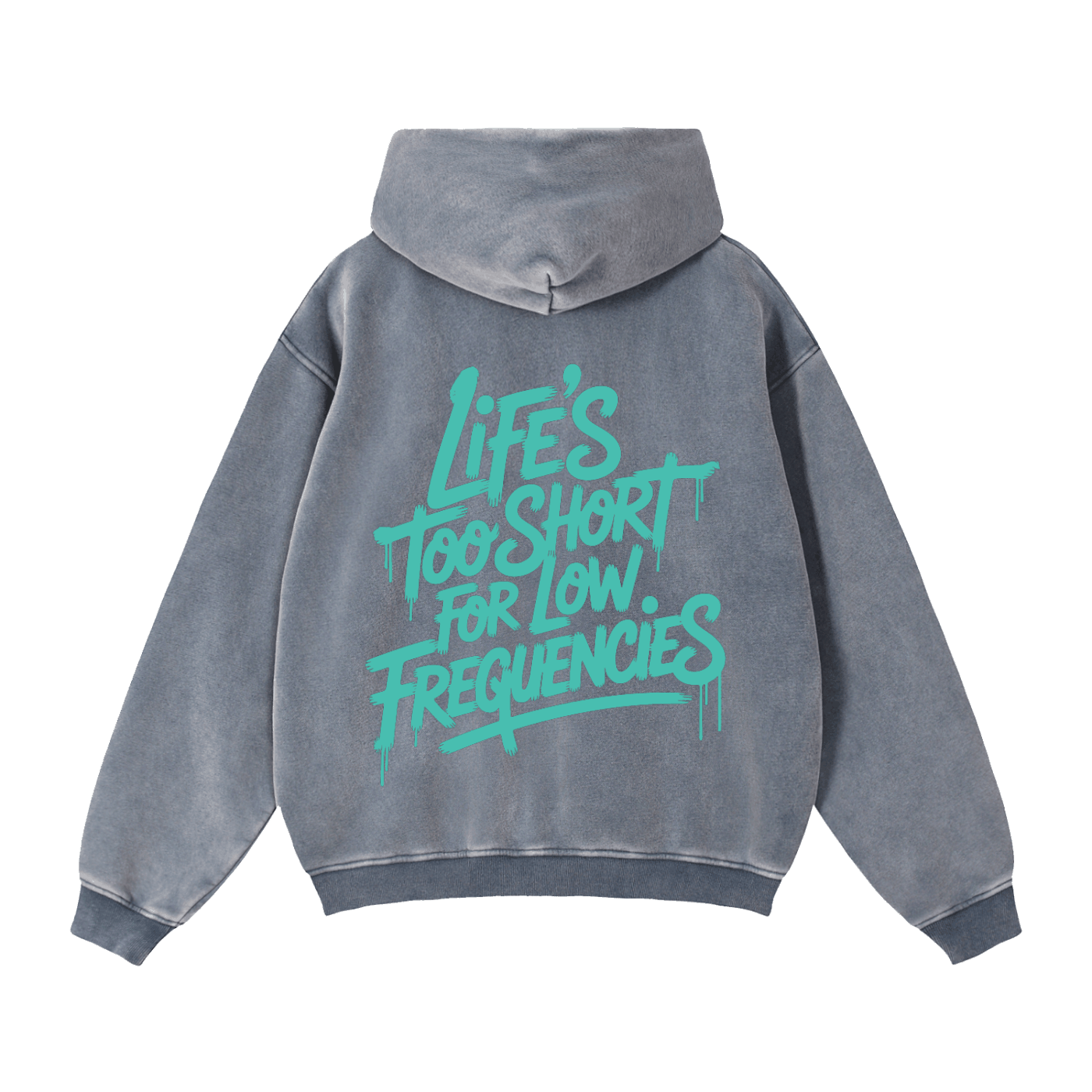 Back view of gray Zip-Through Boxy Fleece Hoodie with turquoise "Life's Too Short For Low Frequencies" graphic print on the back, featuring a relaxed fit and cozy hood.