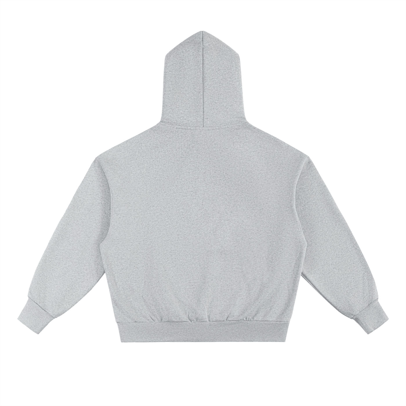 Back view of a gray essential heavyweight fleece hoodie with a roomy hood and long sleeves, designed for cozy warmth and relaxed everyday wear.