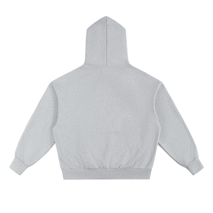 Back view of a gray essential heavyweight fleece hoodie with a roomy hood and long sleeves, designed for cozy warmth and relaxed everyday wear.