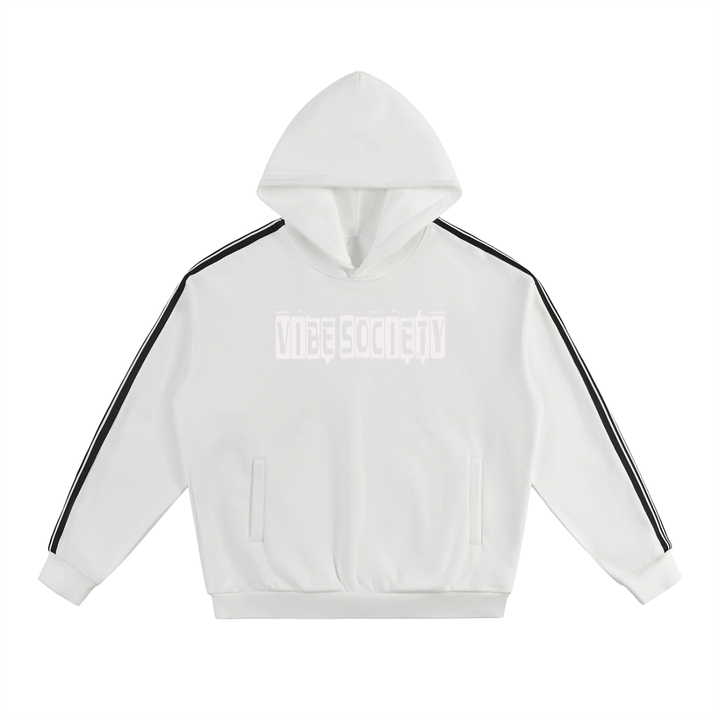 White Vibe Society Hoodie with black side stripes and drop-shoulder design, oversized fit, and front pockets