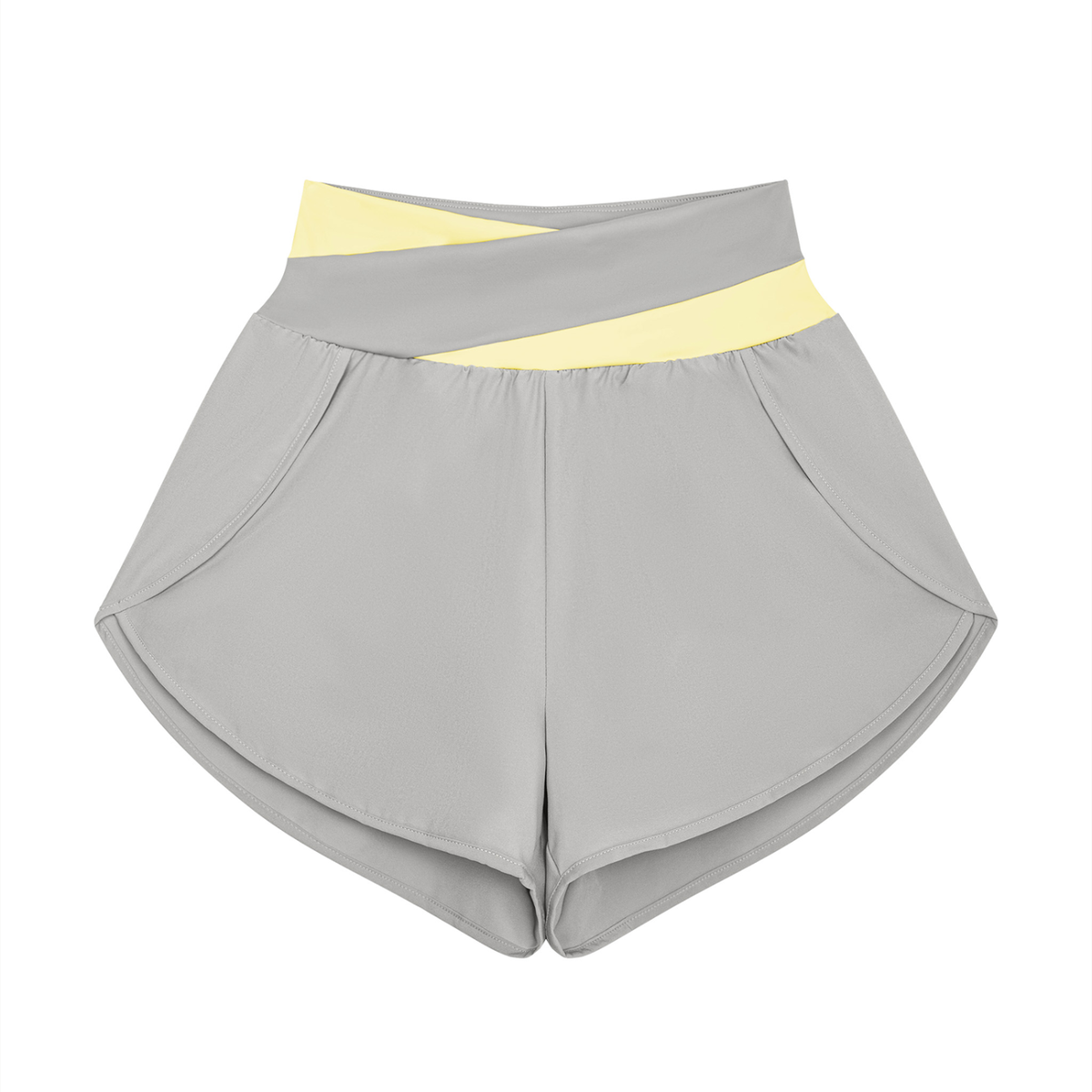 Block Lined Training Shorts in Light Gray with Light Yellow, women's activewear