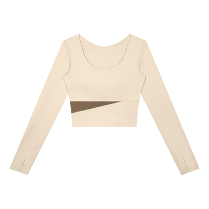Block Long-Sleeve Crop Top in Apricot with Khaki, women's activewear