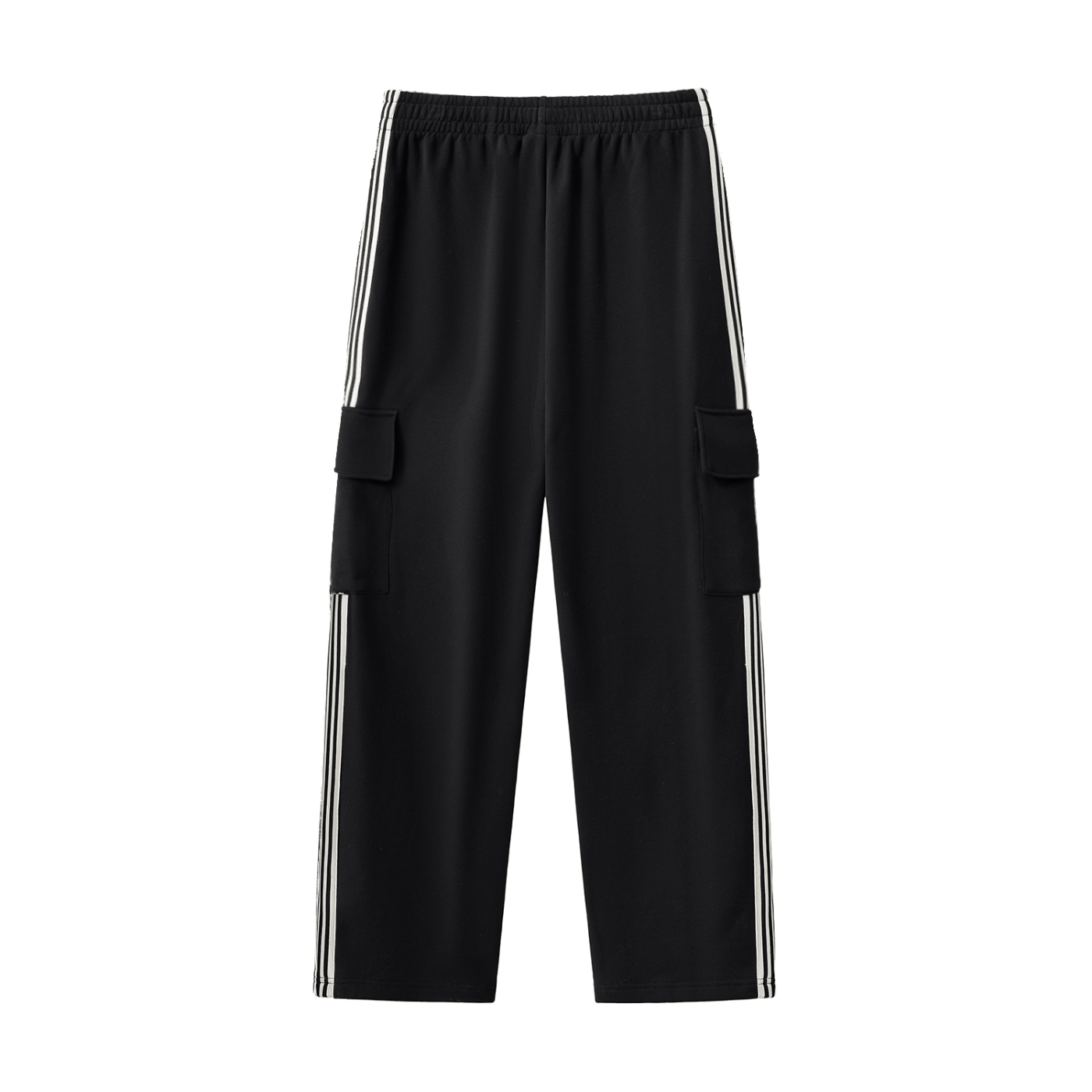Black Vibe Society Side Stripe Pants with white side stripes and cargo pockets, loose-fit straight-leg design for casual streetwear comfort