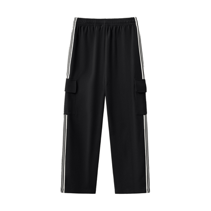 Black Vibe Society Side Stripe Pants with white side stripes and cargo pockets, loose-fit straight-leg design for casual streetwear comfort