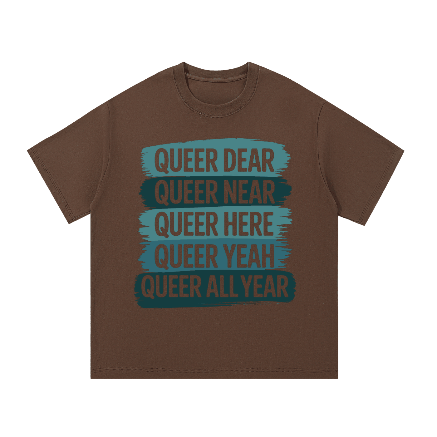 Essential Cotton T Shirt brown casual tee with queer ally text design in blue and black blocks