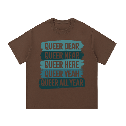 Essential Cotton T Shirt brown casual tee with queer ally text design in blue and black blocks