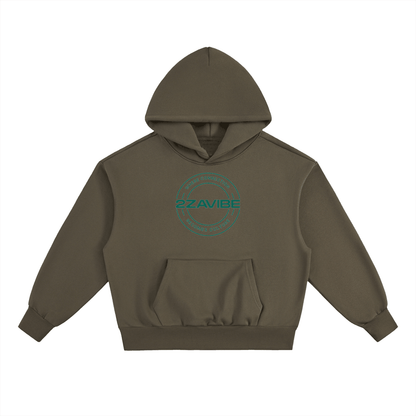 Unisex heavyweight fleece hoodie in olive with roomy hood, front pocket, relaxed fit, and logo print for cozy everyday wear