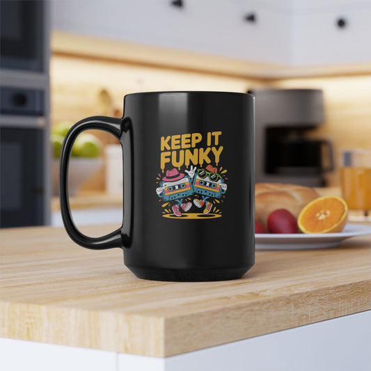 Keep It Funky Black Mug | 15oz Coffee Cup, Funky Gift, Retro Vibe, Cool Mug, Fun Kitchen Decor