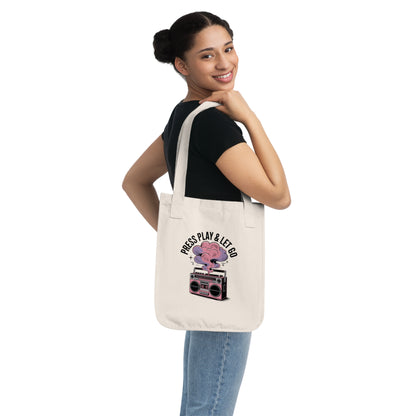 Retro Music Themed Tote Bag, Organic Canvas Bag, Eco-Friendly Shopping Bag, Press Play & Let Go, Music Lover Gift, Festival Tote