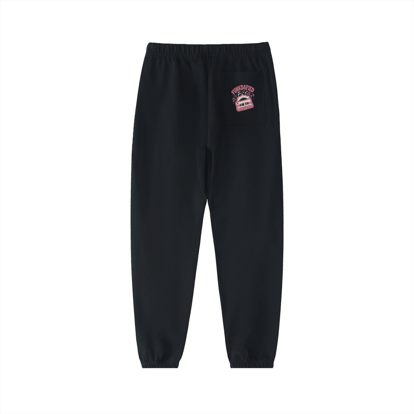 Black Funkdafied heavyweight cotton sweatpants with back pocket and pink logo patch, regular fit joggers for streetwear and casual comfort