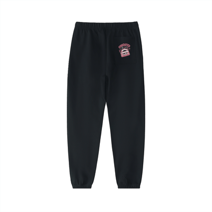 Black Funkdafied heavyweight cotton sweatpants with back pocket and pink logo patch, regular fit joggers for streetwear and casual comfort