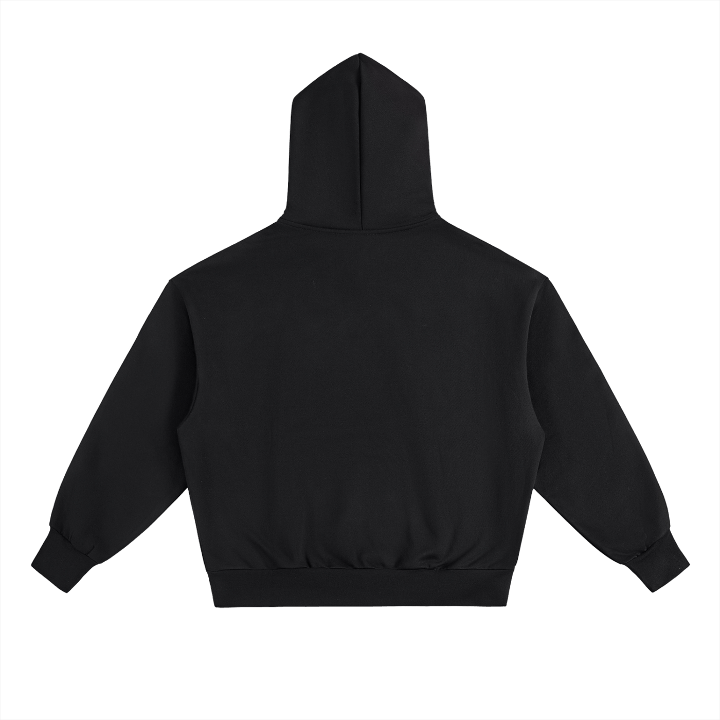 Black heavyweight fleece hoodie with relaxed fit and roomy hood, perfect for casual everyday wear and layering.