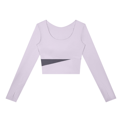 Block Long-Sleeve Crop Top in Light Purple with Deep Purple, women's activewear