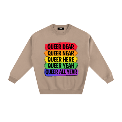 Queer All Year Fleece Sweatshirt in Gray Apricot, unisex streetwear