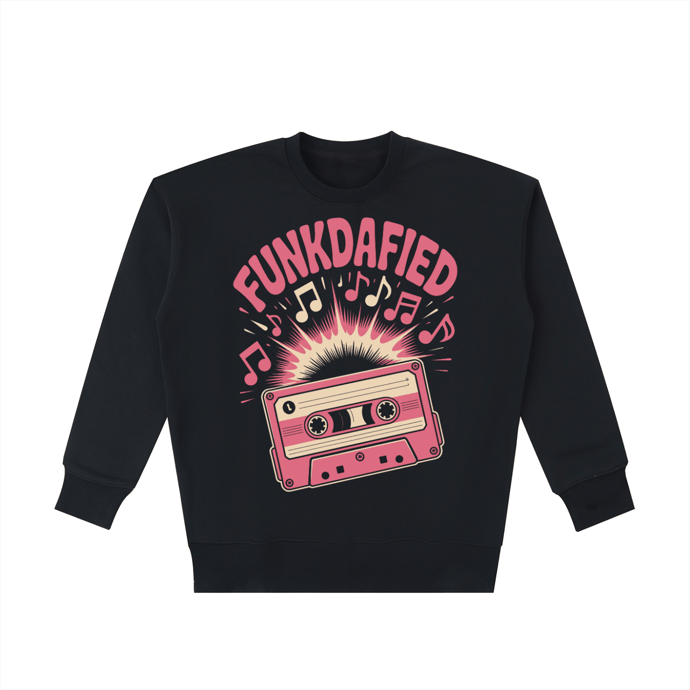 Funkdafied Essential Heavyweight Cotton Sweatshirt black oversized fit with retro cassette and music notes graphic
