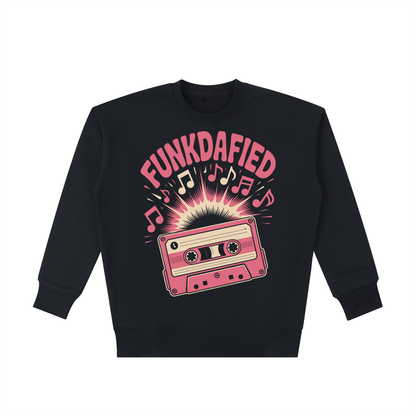 Funkdafied Essential Heavyweight Cotton Sweatshirt black oversized fit with retro cassette and music notes graphic