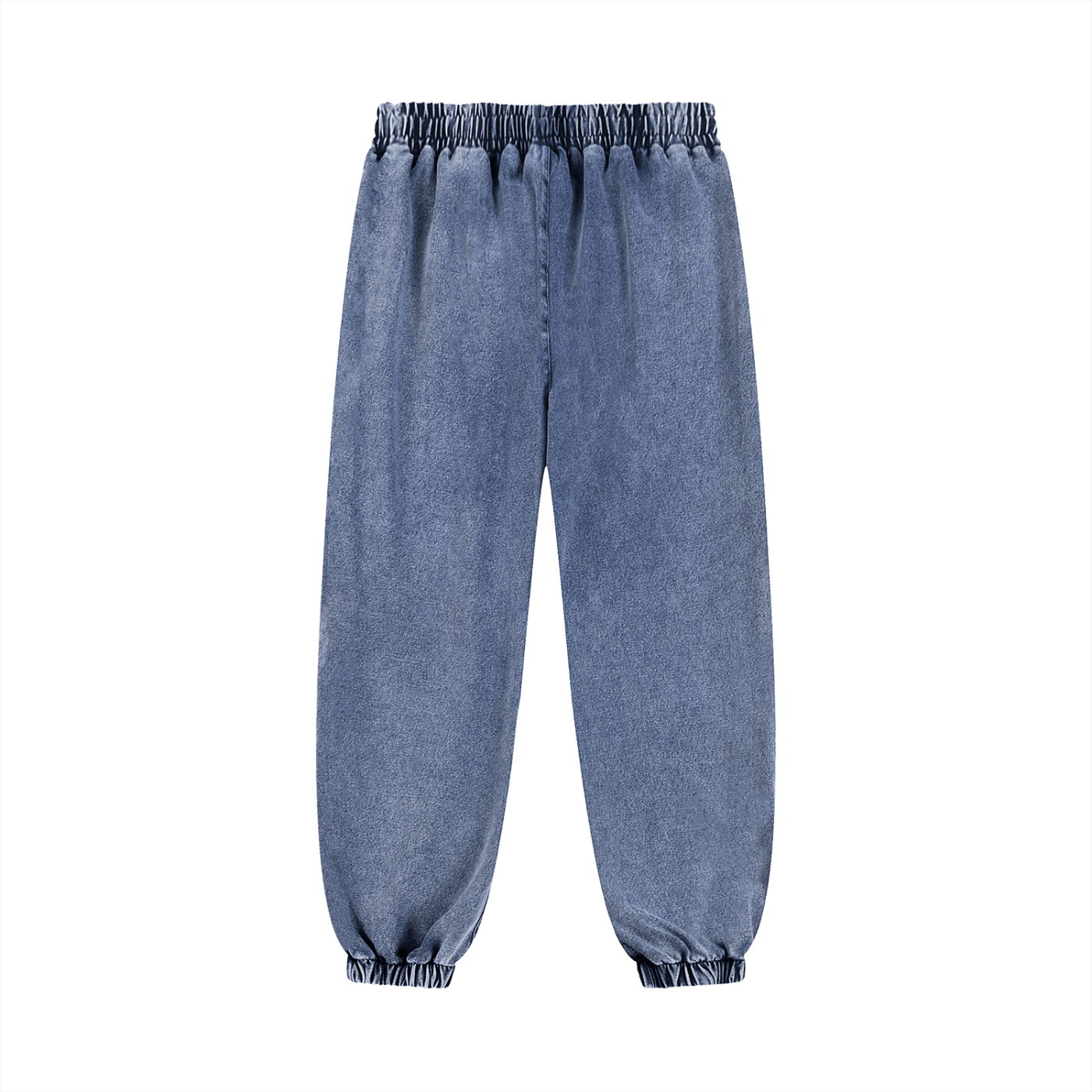 Blue snow wash jogged sweatpants with elastic waist and cuffs, casual streetwear style.