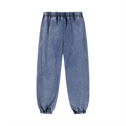 Blue snow wash jogged sweatpants with elastic waist and cuffs, casual streetwear style.