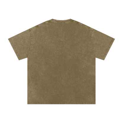 Back view of loose fit snow washed oversized cotton t-shirt in brown