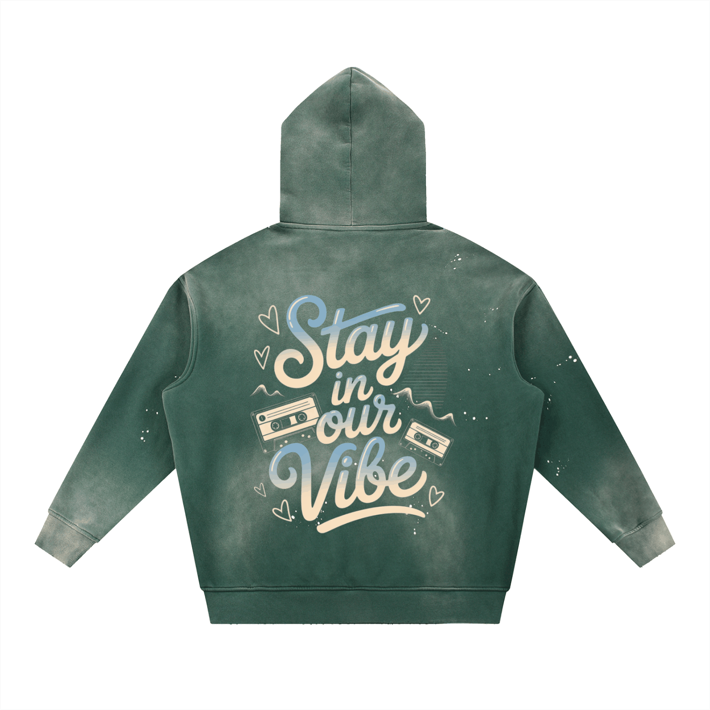 Vintage Washed Frayed Hoodie in green with "Stay in our Vibe" graphic and cassette tapes design on back, oversized streetwear style
