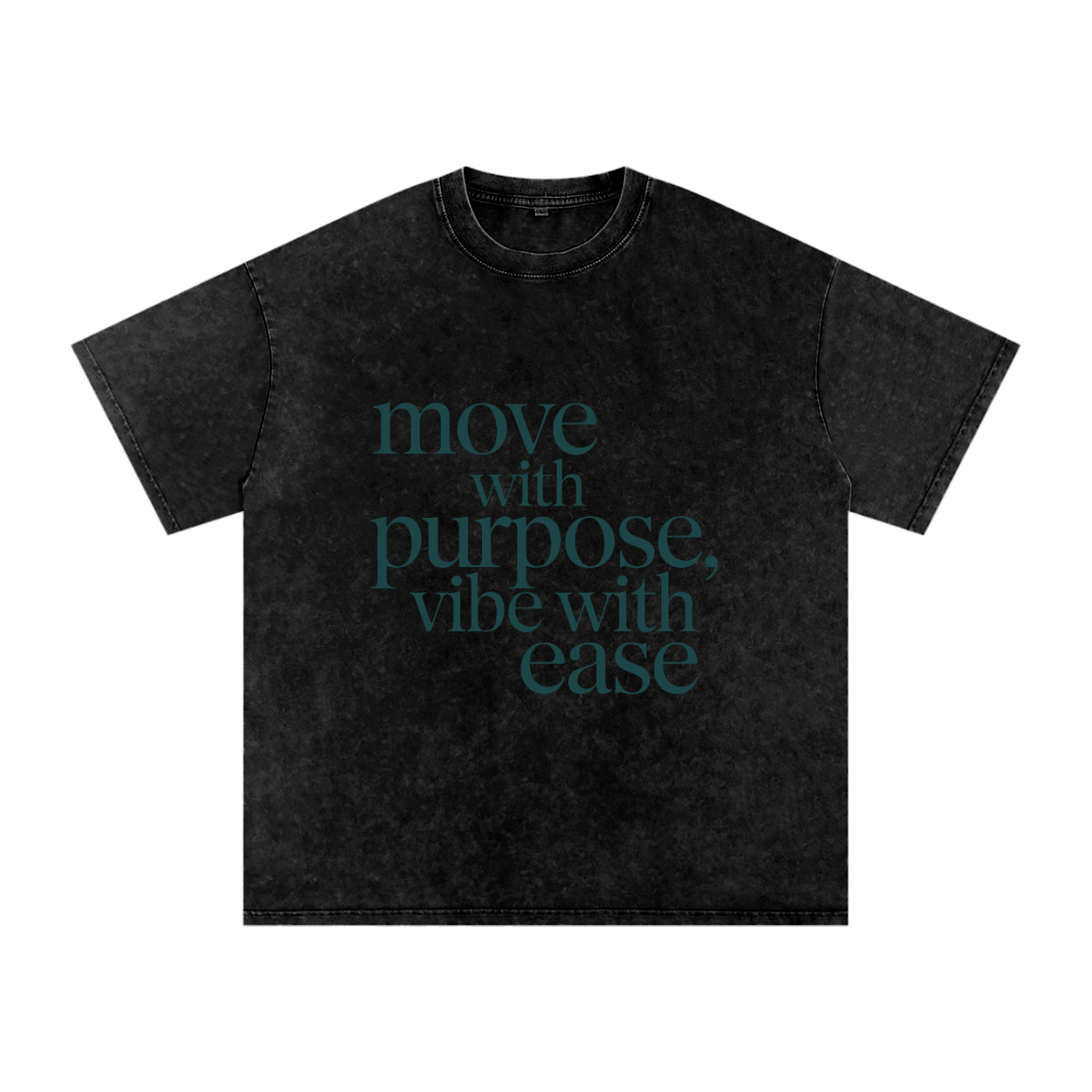 Black Snow Washed Oversized Cotton T-Shirt with "move with purpose, vibe with ease" text design, soft breathable fabric, loose fit, round neck, short sleeves.