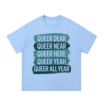 Light blue Essential Cotton T Shirt with queer-themed text print, comfortable casual everyday wear