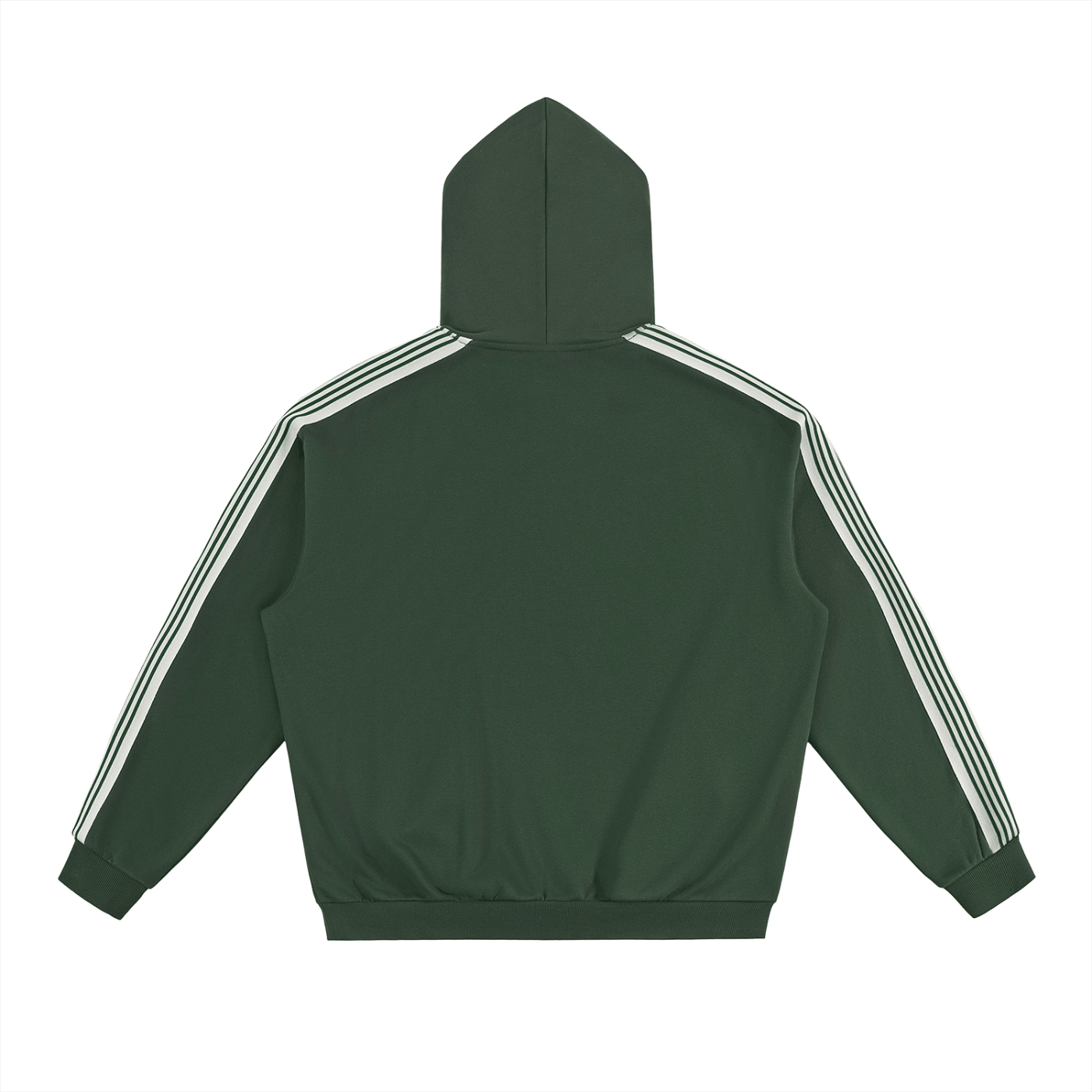 Dark green Vibe Society hoodie with white side stripes, drop-shoulder design, and hood, oversized fit for cozy streetwear style