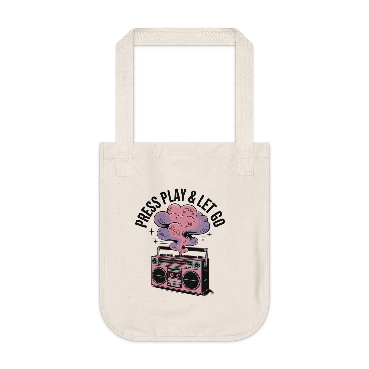Retro Music Themed Tote Bag, Organic Canvas Bag, Eco-Friendly Shopping Bag, Press Play & Let Go, Music Lover Gift, Festival Tote