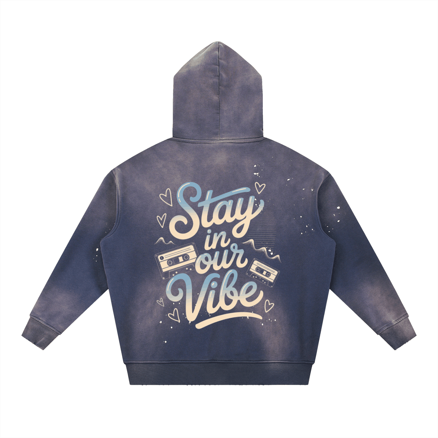 Vintage Washed Frayed Hoodie with "Stay in our Vibe" graphic and cassette tapes design, oversized casual fleece hoodie.