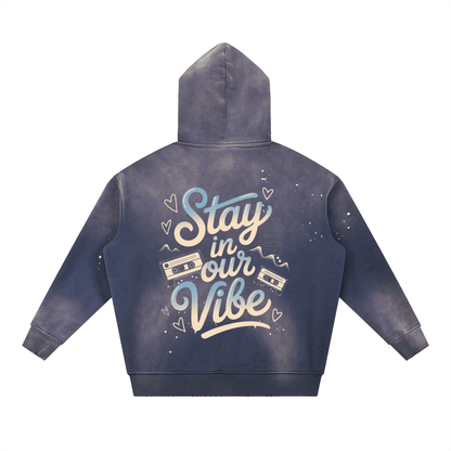 Vintage Washed Frayed Hoodie with "Stay in our Vibe" graphic and cassette tapes design, oversized casual fleece hoodie.