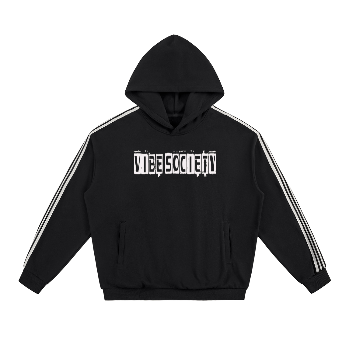 Black Vibe Society hoodie with white side stripes and drop-shoulder design, oversized fit, and front logo print.
