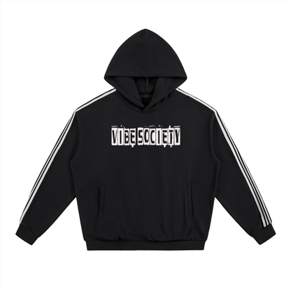 Black Vibe Society hoodie with white side stripes and drop-shoulder design, oversized fit, and front logo print.