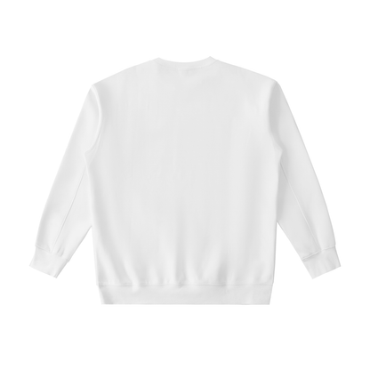 White heavyweight crewneck sweatshirt with relaxed fit and drop shoulder design, made of cotton-polyester-spandex blend for comfort and durability.