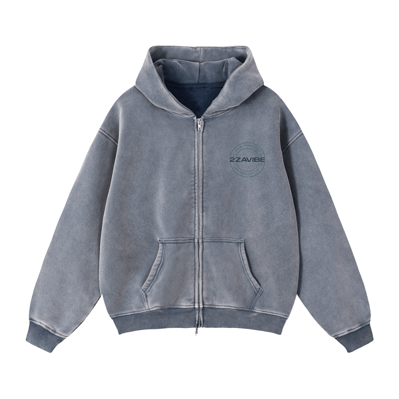 Zip-Through Boxy Fleece Hoodie in faded blue with full zip, hood, front pockets, and relaxed fit for casual streetwear