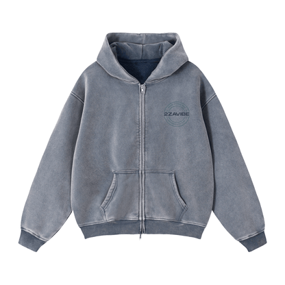 Zip-Through Boxy Fleece Hoodie in faded blue with full zip, hood, front pockets, and relaxed fit for casual streetwear