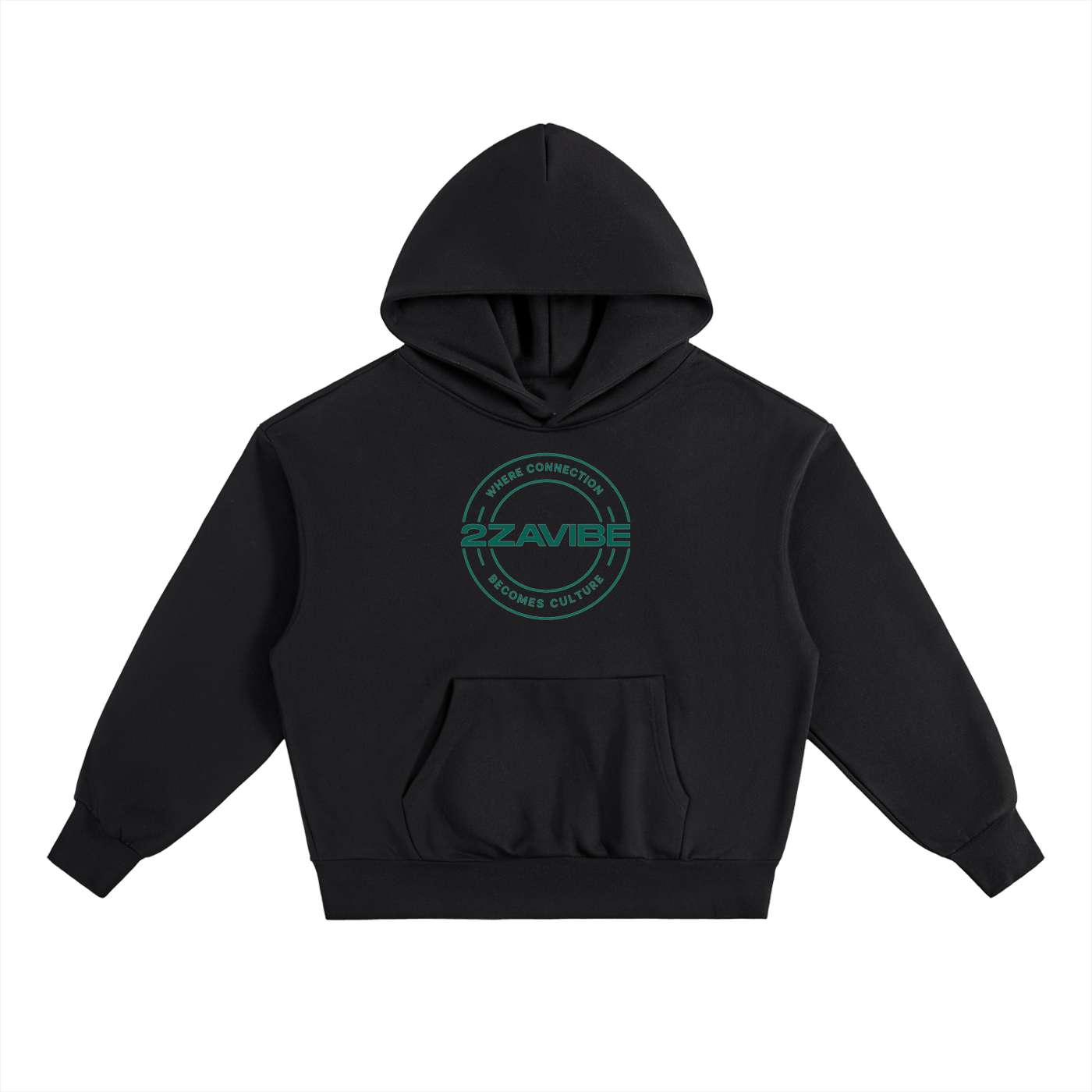 Black heavyweight fleece hoodie with front logo, relaxed fit, roomy hood, and kangaroo pocket.