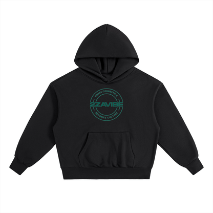 Black heavyweight fleece hoodie with front logo, relaxed fit, roomy hood, and kangaroo pocket.