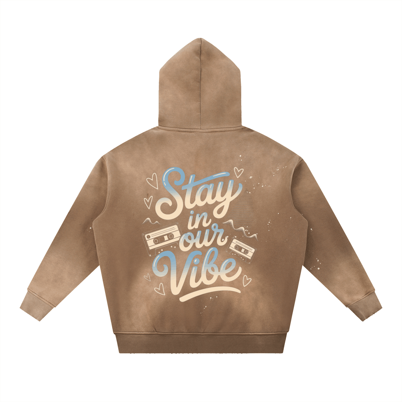 Vintage washed frayed hoodie brown oversized fleece with "Stay in our Vibe" graphic on back