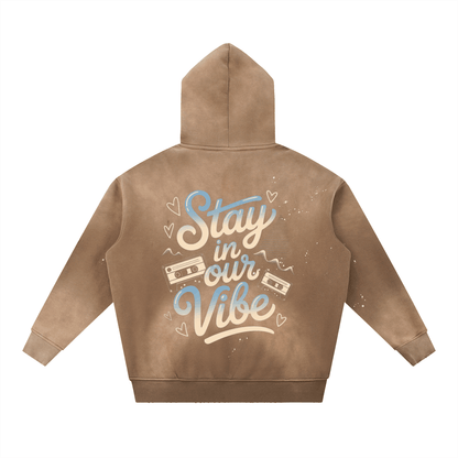 Vintage washed frayed hoodie brown oversized fleece with "Stay in our Vibe" graphic on back