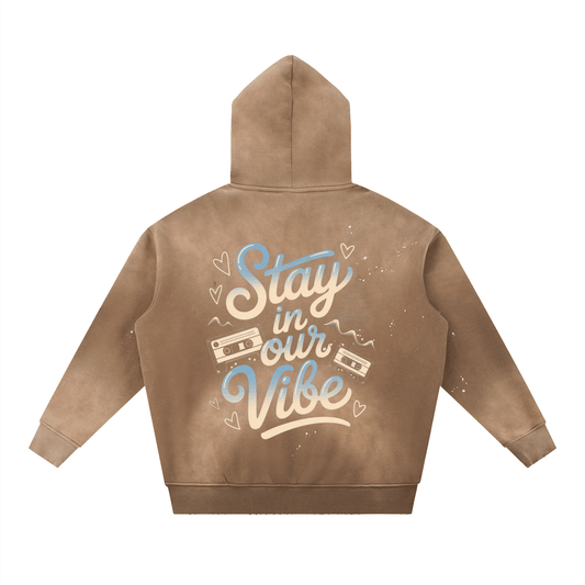Vintage washed frayed hoodie brown oversized fleece with "Stay in our Vibe" graphic on back