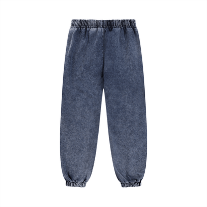 Unisex Snow Wash Jogged Sweatpants with elastic waist and cuffs in dark blue cotton blend fabric