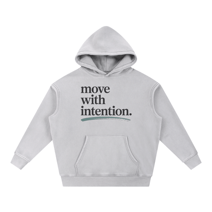 Move with Intention Snow Wash Fleece oversized hoodie in light grey with front pocket and printed text design