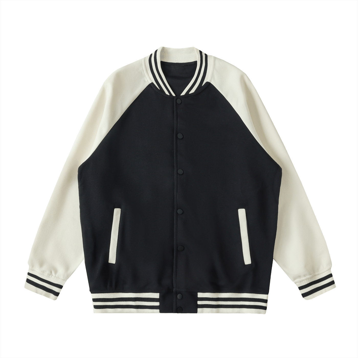 Black and white two tone raglan sleeve varsity jacket with button-up front and striped cuffs and collar