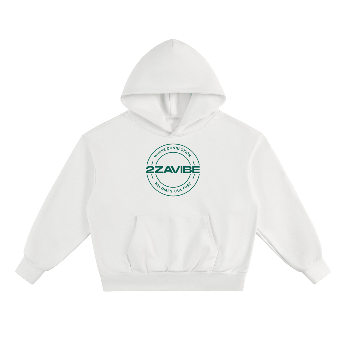 White heavyweight fleece hoodie with green 22VIBE logo and kangaroo pocket, oversized relaxed fit, cozy and durable for everyday wear